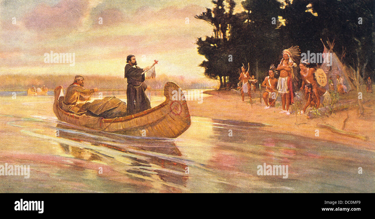 Années 1600 1673 LE PÈRE MARQUETTE missionnaire auprès des Amérindiens explorer en canoë DESCENTE DE LA RIVIÈRE MISSISSIPPI Banque D'Images