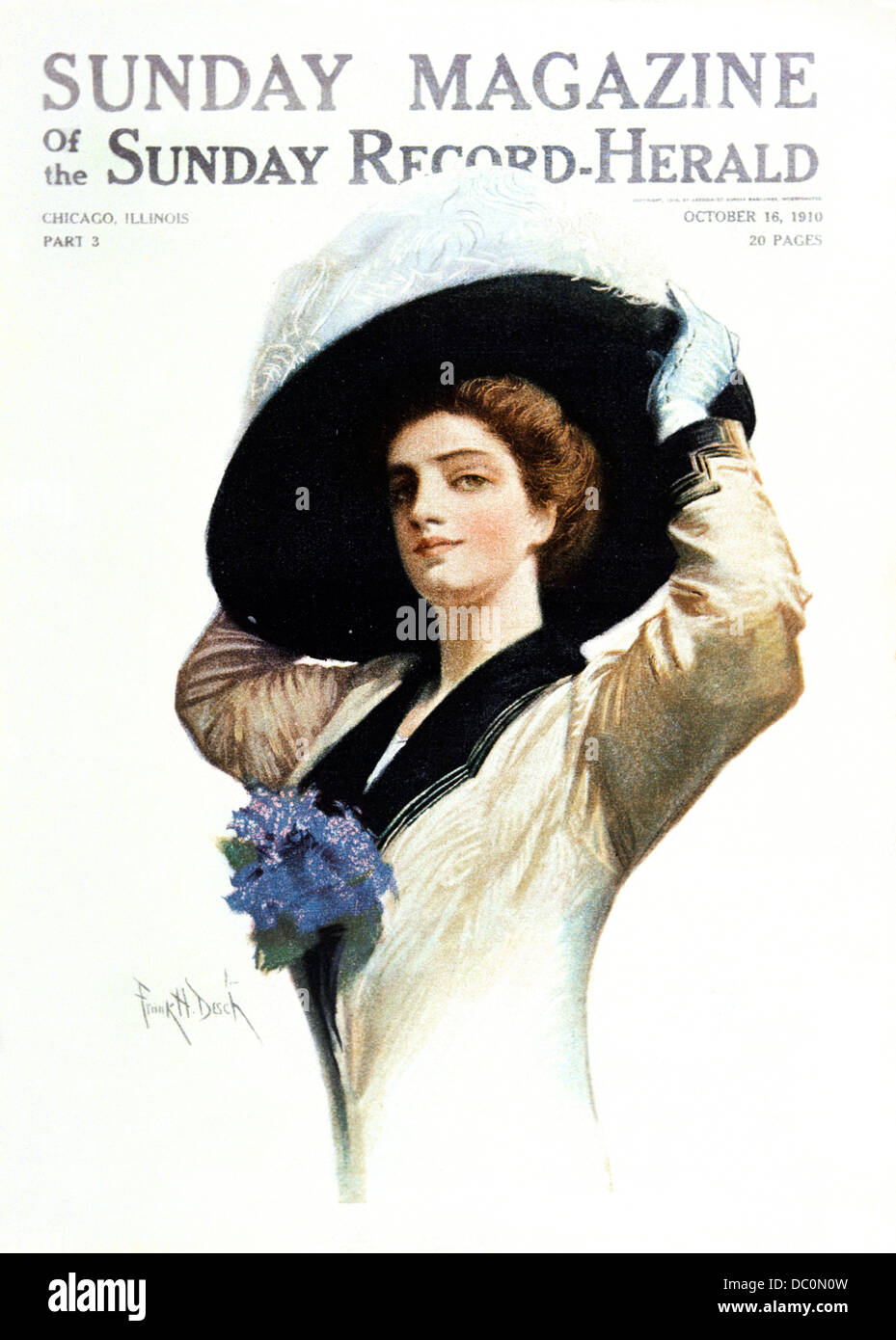 Années 1900 PORTRAIT FEMME victorienne élégante FIXANT SON CHAPEAU DE COUVERTURE MAGAZINE DIMANCHE 16 OCTOBRE 1910 Banque D'Images