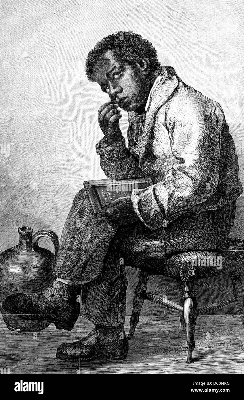 Années 1800 Années 1870 YOUNG AFRICAN-AMERICAN BOY FIGURANT SUR UNE ARDOISE SCOLAIRE HARPERS WEEKLY ILLUSTRATION Banque D'Images