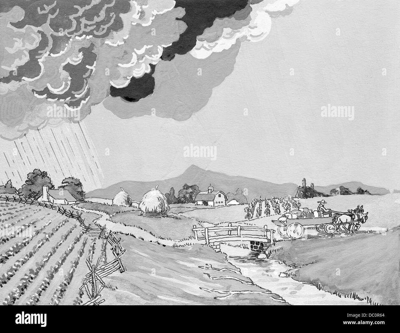 1930 ILLUSTRATION DE TERRES AGRICOLES RURALES ET LES CULTURES DE FOIN AGRICULTEUR DE WAGON TIRÉ PAR LES CHEVAUX CROSSING BRIDGE SUR FLUX PASTORALE Banque D'Images