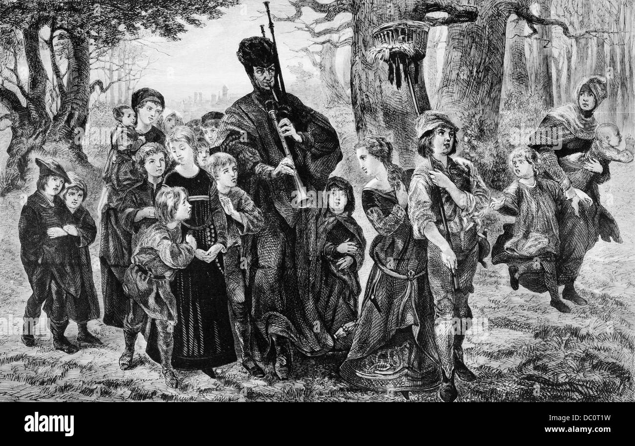 1300s PIED PIPER OF HAMELIN MENANT LES ENFANTS À TRAVERS LA FORÊT LÉGENDE MYTHE ALLEMAND poème de Robert Browning, Music Banque D'Images
