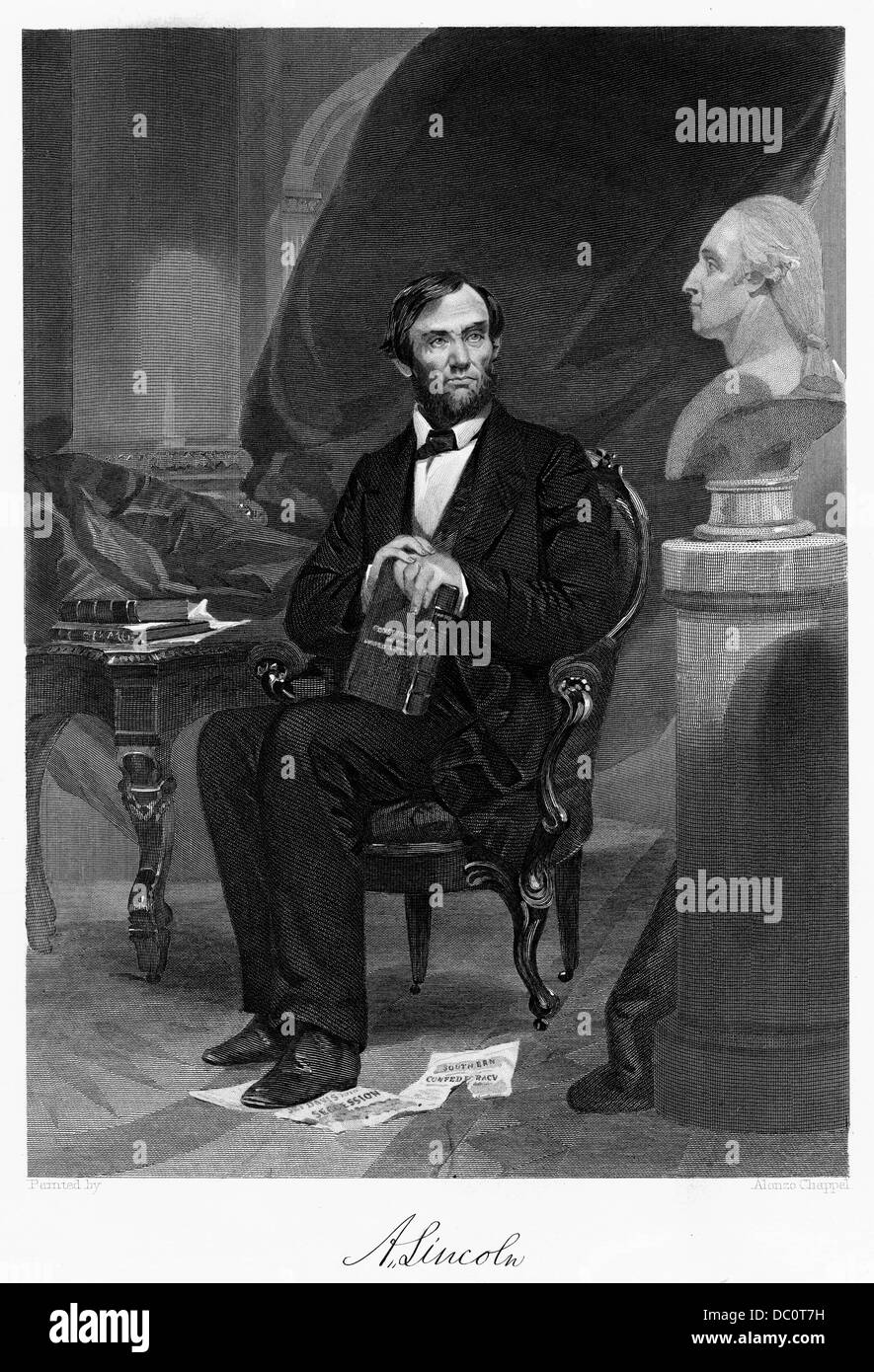 Années 1800 Années 1860 ABRAHAM LINCOLN PORTRAIT ASSIS AVEC SIGNATURE Banque D'Images