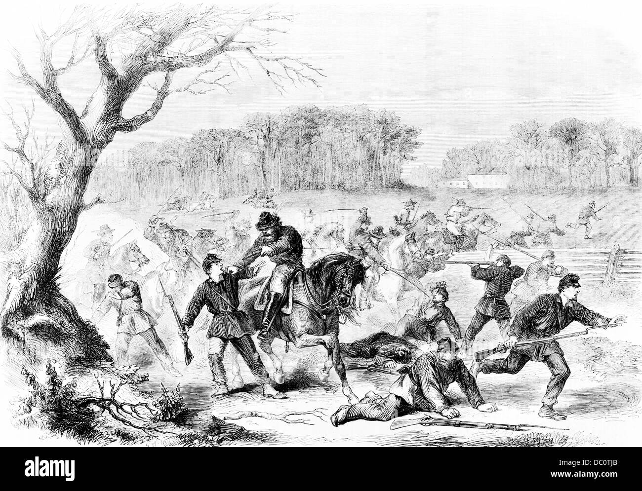 1860 AMERICAN CIVIL WAR CONFEDERATE CAVALRY SURPRISE AVANCE POSTE DE GÉNÉRAL DE L'UNION À BLENKER VIRGINIE ANANDALE Banque D'Images