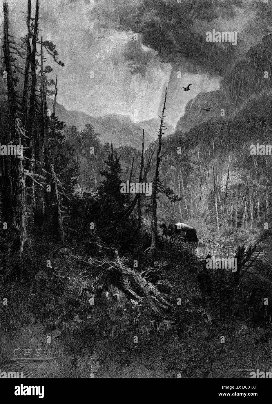 Années 1800 BOLTON PASS STAGECOACH ROUTE DE BOSTON À MONTRÉAL GRAVURE PAR F.B. SCHELL Banque D'Images