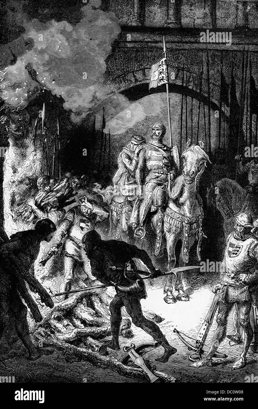 1200s HÉROS ESPAGNOL EL CID Rodrigo Diaz de Vivar ORDONNANT L'EXÉCUTION D'AHMED AU BÛCHER PAR ALPHONSE DE NEUVILLE Banque D'Images