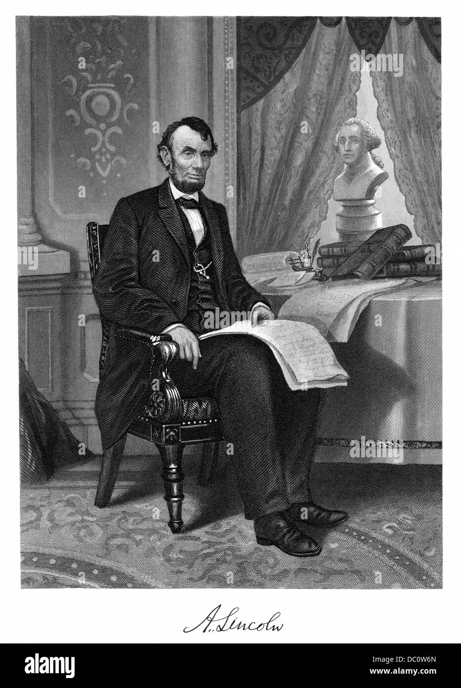 Années 1860 Années 1800 LE PRÉSIDENT ABRAHAM LINCOLN PORTRAIT ASSIS AVEC LA SIGNATURE DE LA PEINTURE PAR NAST Banque D'Images