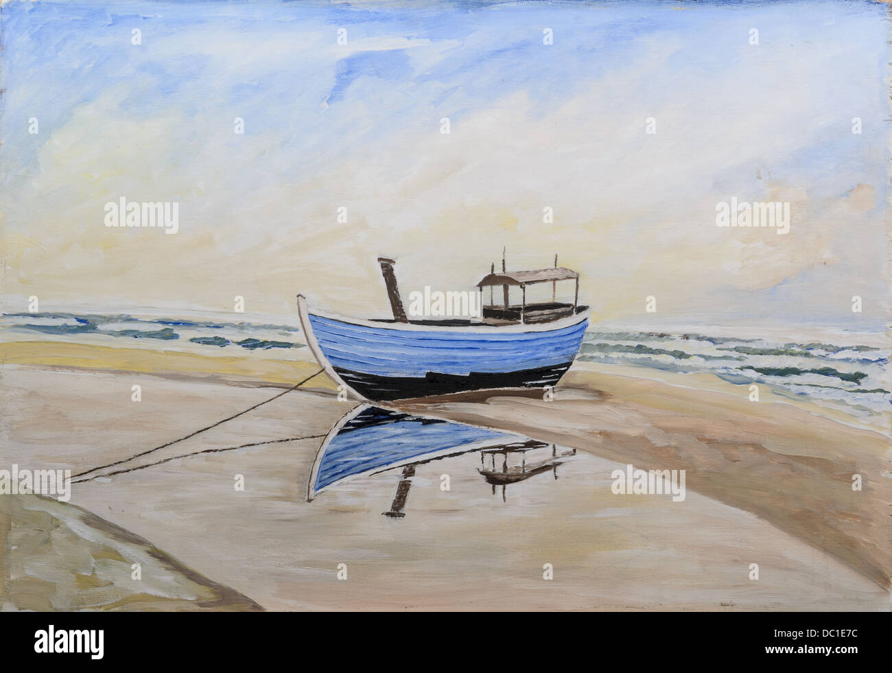 Bateau de pêche sur la plage - original peinture huile sur bois Banque D'Images