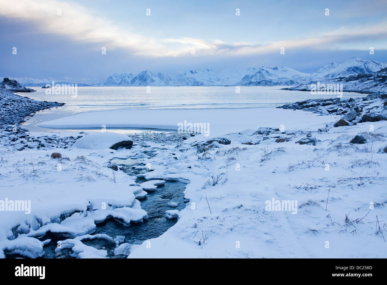 La neige sur la plage de Rørvika / Rorvika, Tysfjorden en hiver, Austvagoy / Austvågøya, îles Lofoten, Norvège Banque D'Images