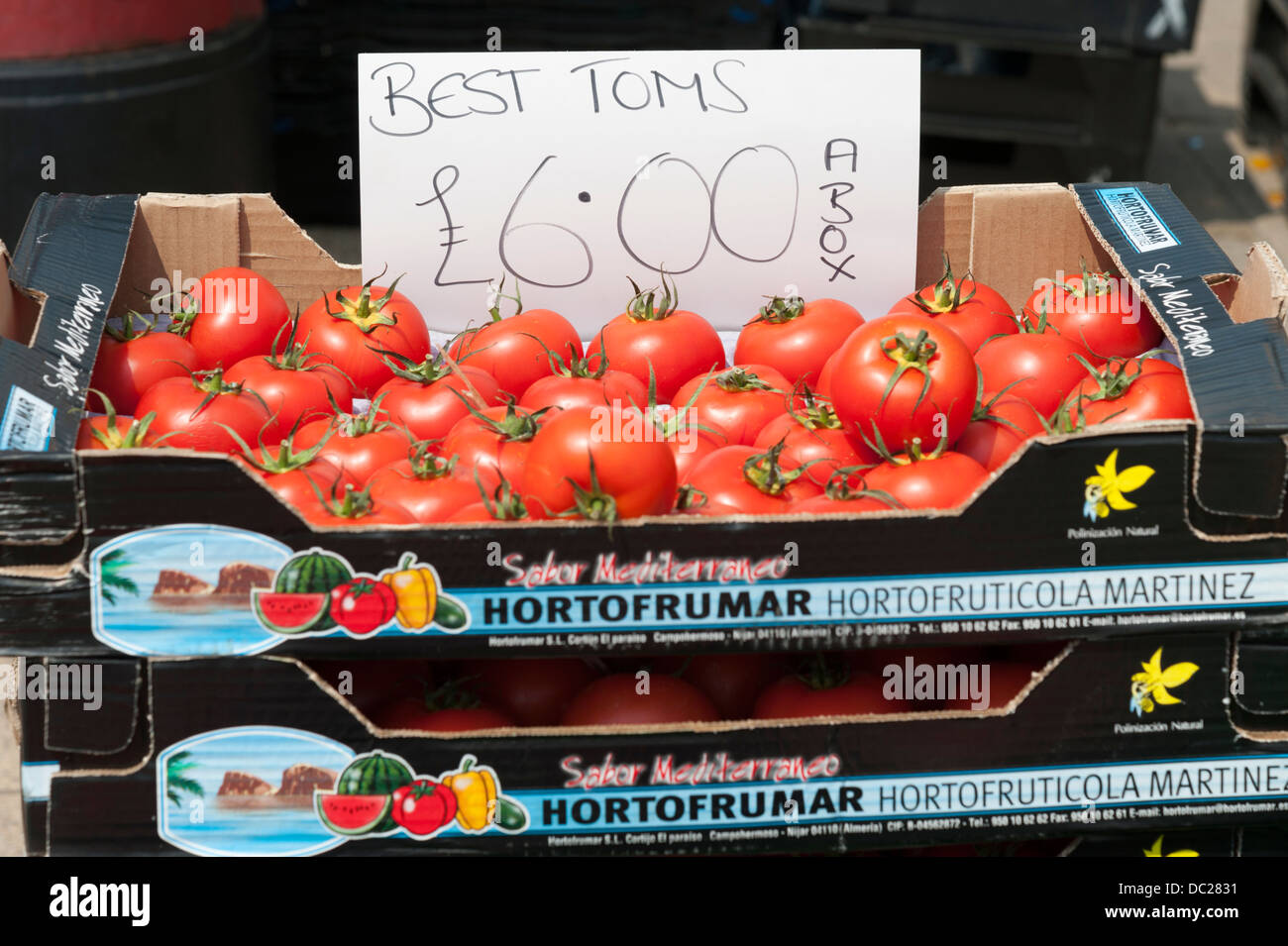 Une boîte de tomates à vendre dans une boîte sur un étal du marché avec l'étiquette de prix Banque D'Images