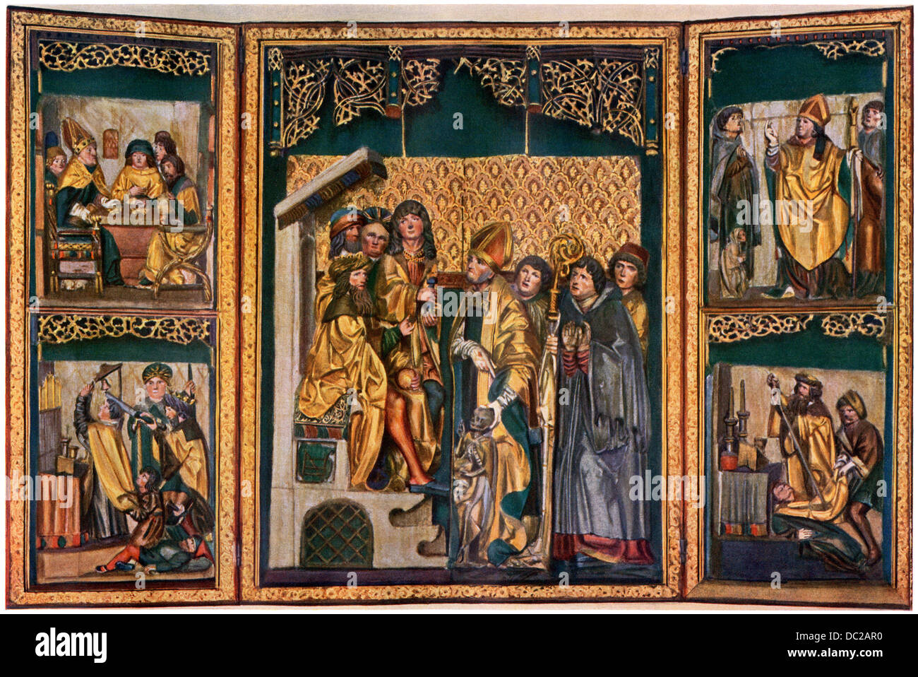 Martyre de saint Stanislas, évêque de Cracovie, tué par le roi Boleslas II, 1079 A.D. Color reproduction d'une demi-teinte de l'autel Banque D'Images