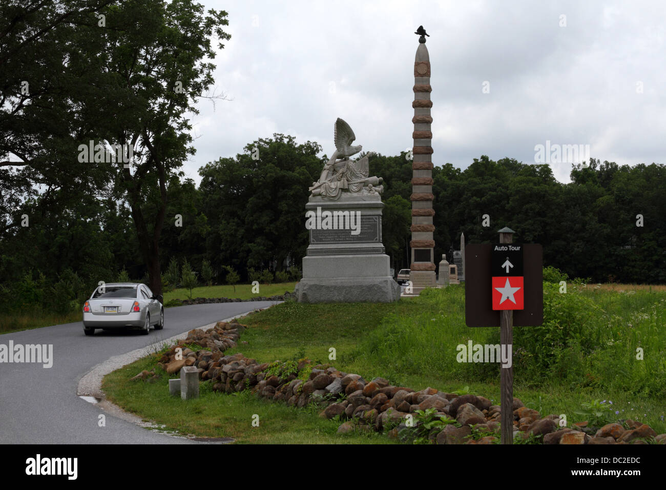 Panneau sur Doubleday Avenue indiquant la route de la visite automatique à travers le champ de bataille de Gettysburg, parc militaire national de Gettysburg, Pennsylvanie, États-Unis Banque D'Images