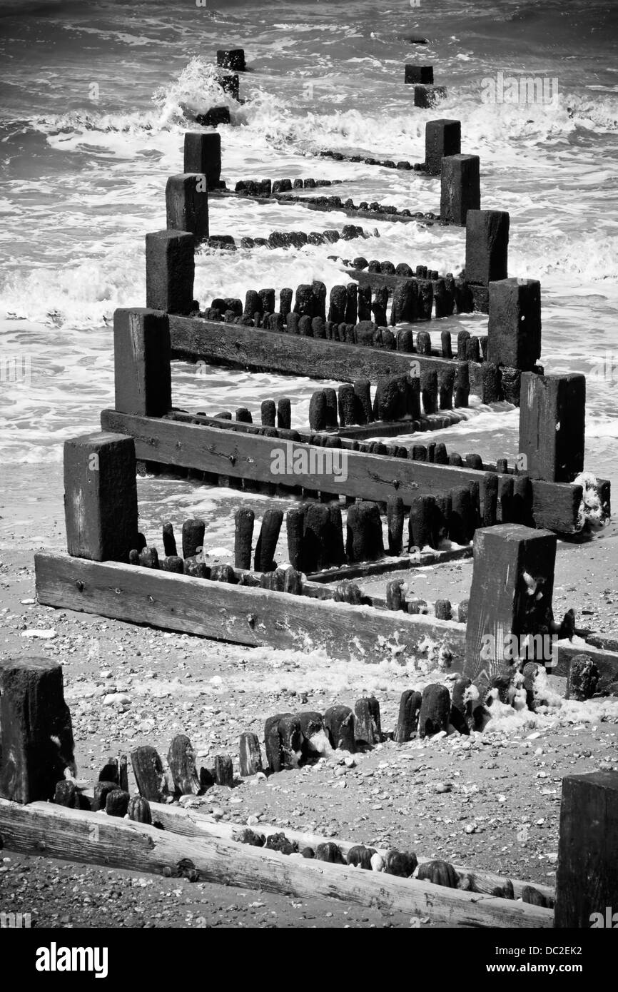 Épis sur plage de Hunstanton en noir et blanc Banque D'Images