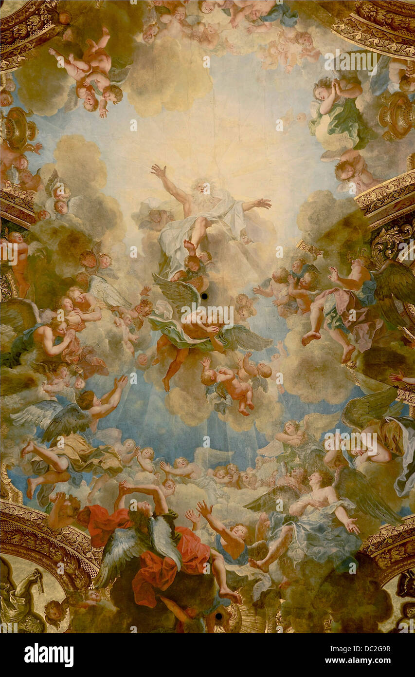 "Dieu Tout-puissant le Père", par Antoine Coypel, détail du plafond de la chapelle du château de Versailles, Yvelines, France. Banque D'Images