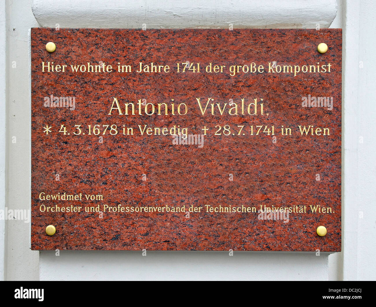 'Ici vécu Antonio Vivaldi en 1741, année où il est mort, sur une maison près de l'ancienne porte de Carinthie à Vienne, Autriche. Banque D'Images