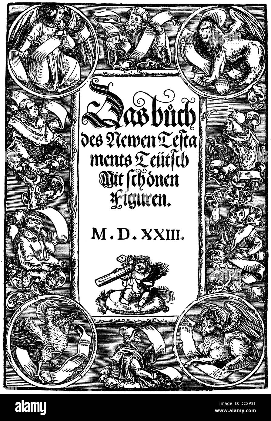 Page de titre de la première édition de la Bible allemande du Nouveau Testament, 1523 Banque D'Images
