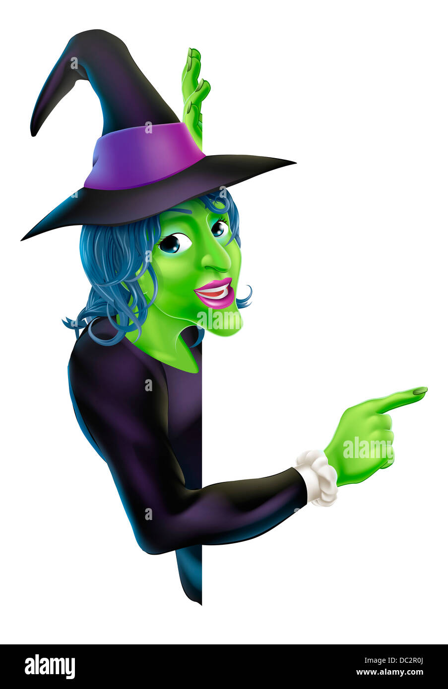 Une illustration d'un dessin animé sympathique sorcière Halloween furtivement de caractère autour d'une bannière et de pointage Banque D'Images