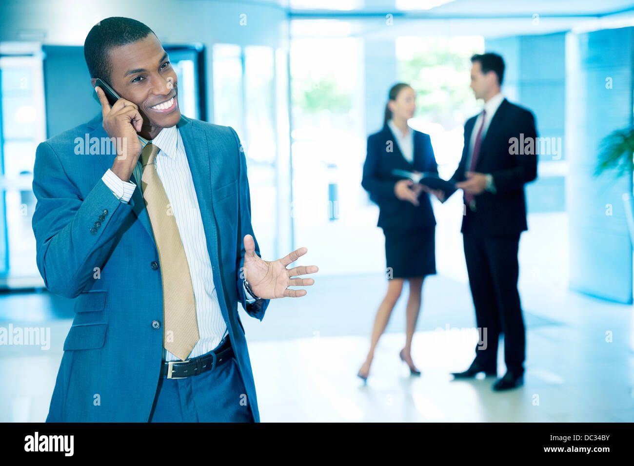 Smiling businessman talking on cell phone and gesturing in lobby Banque D'Images