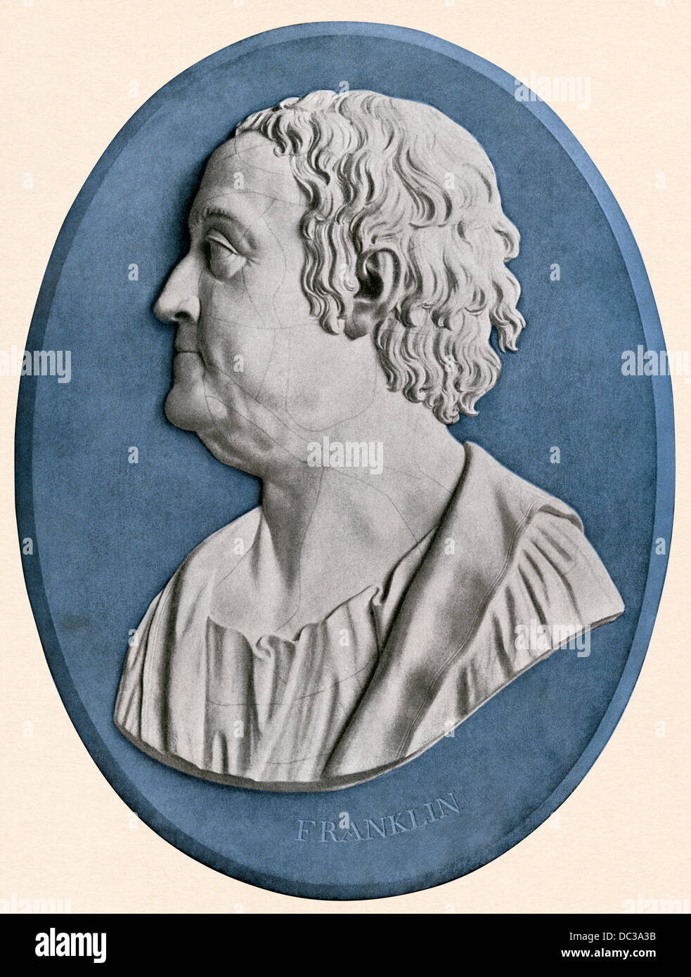 Benjamin Franklin profil sur un médaillon Wedgewood par John Flaxman. Reproduction couleur Banque D'Images