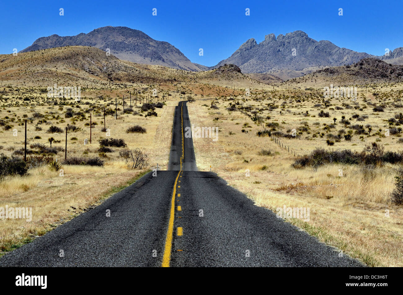 Une longue route droite traverse la prairie à Jeff Davis Comté, Texas, États-Unis Banque D'Images