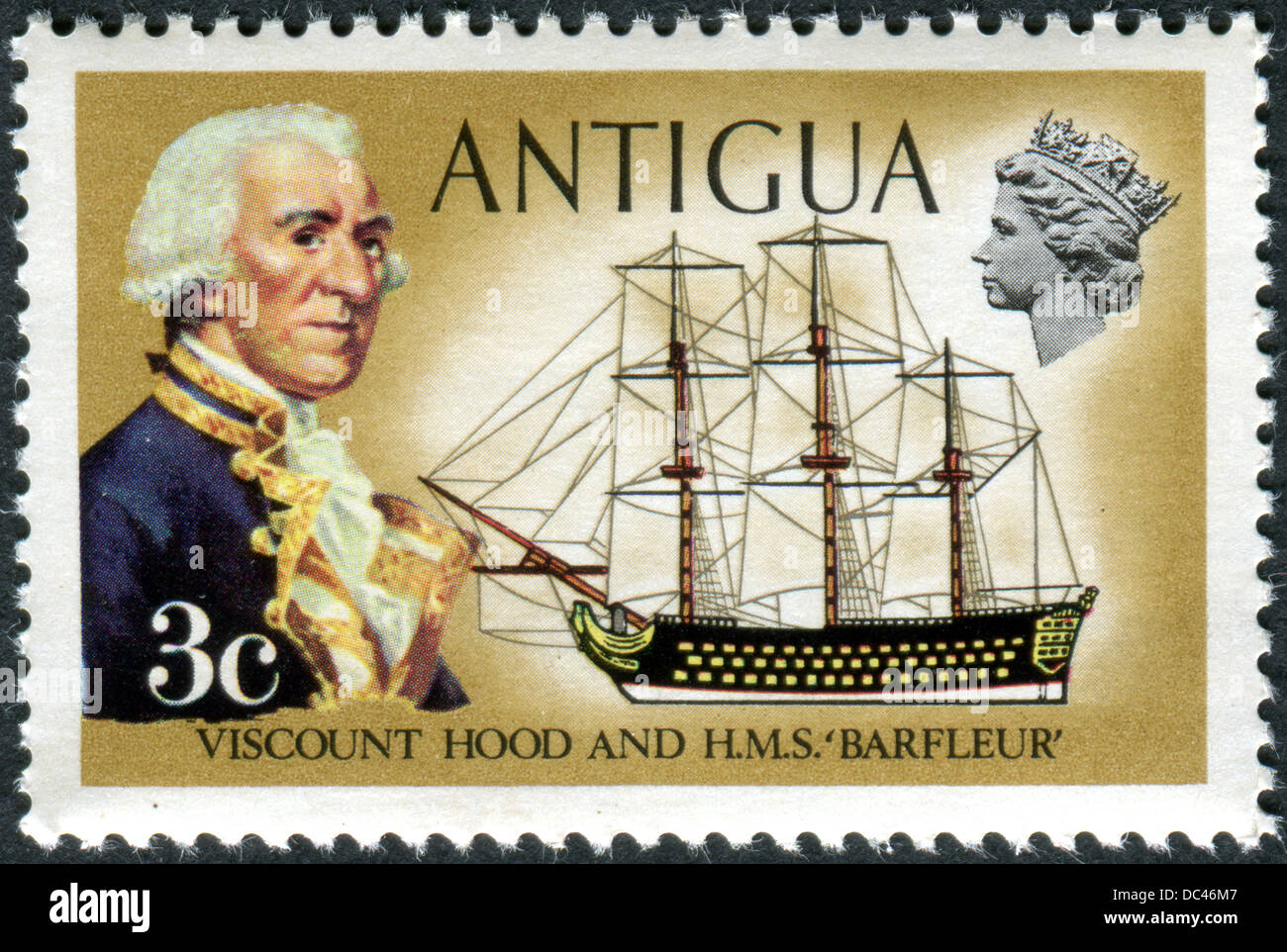 ANTIGUA - circa 1970 : un timbre-poste imprimé en Antigua, montre le Vicomte Hood et le HMS Barfleur, vers 1970 Banque D'Images