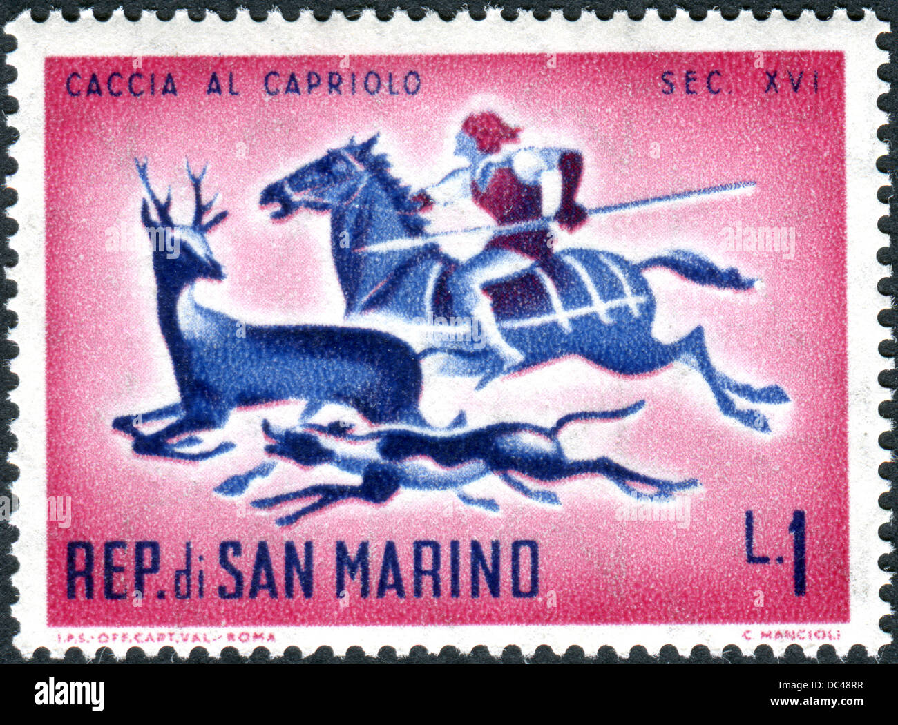SAN MARINO - circa 1961 : timbre-poste imprimé en Saint-marin montre la scène de la chasse au chevreuil, 16ème siècle, vers 1975 Banque D'Images