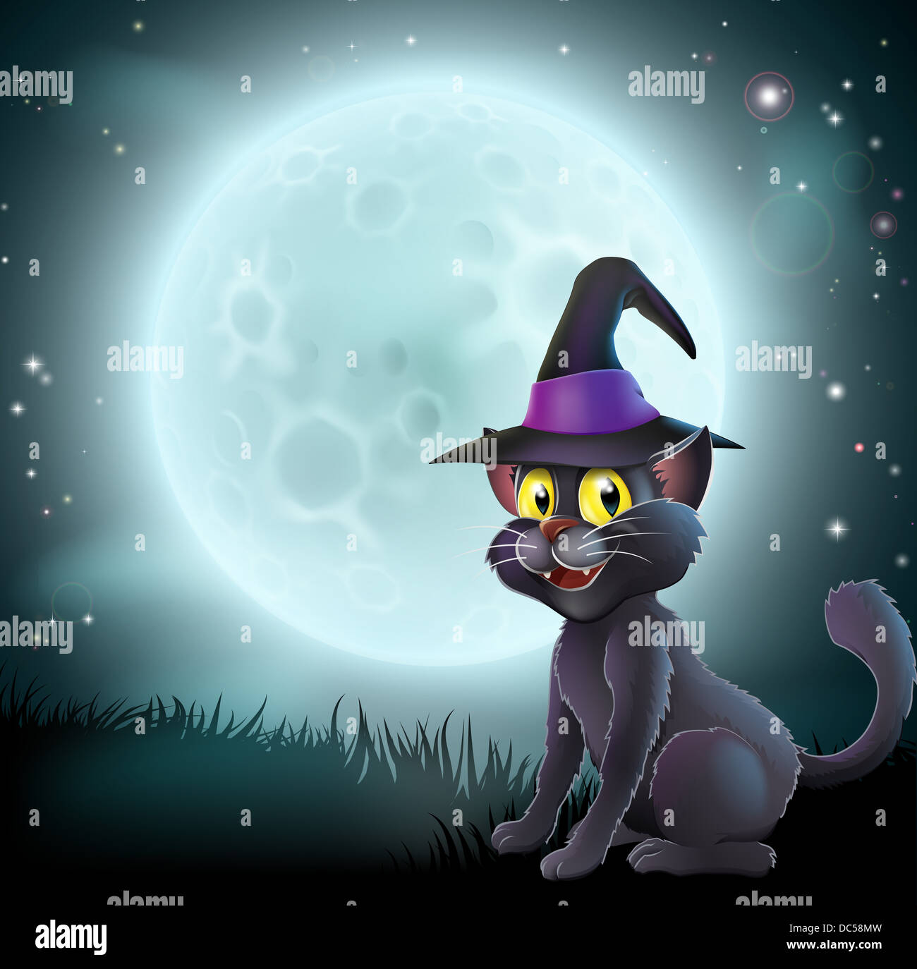 Illustration d'une sorcière Halloween chat dans un chapeau pointu en face d'une grande pleine lune sur une nuit brumeuse Banque D'Images
