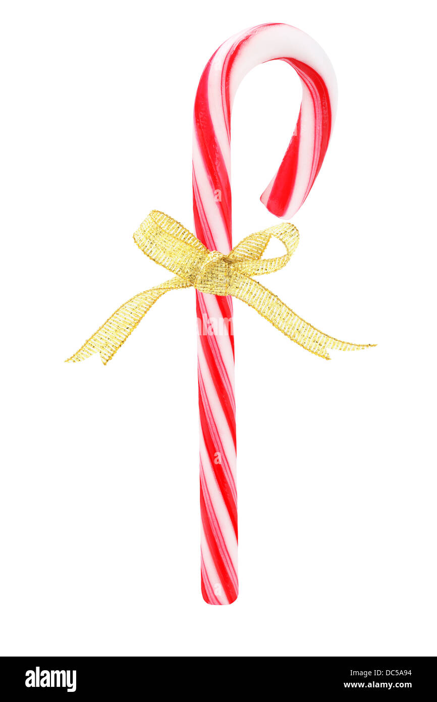 Canne de Noël avec noeud ruban sur fond blanc Banque D'Images