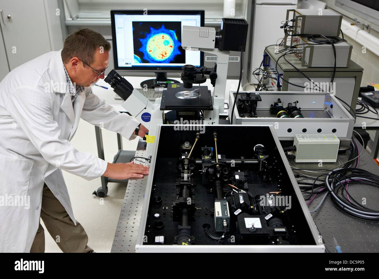 Laboratoire de nanophotonique, microscope à fluorescence confocale avec sensibilité moléculaire, Centre de Physique des matériaux est une co Banque D'Images