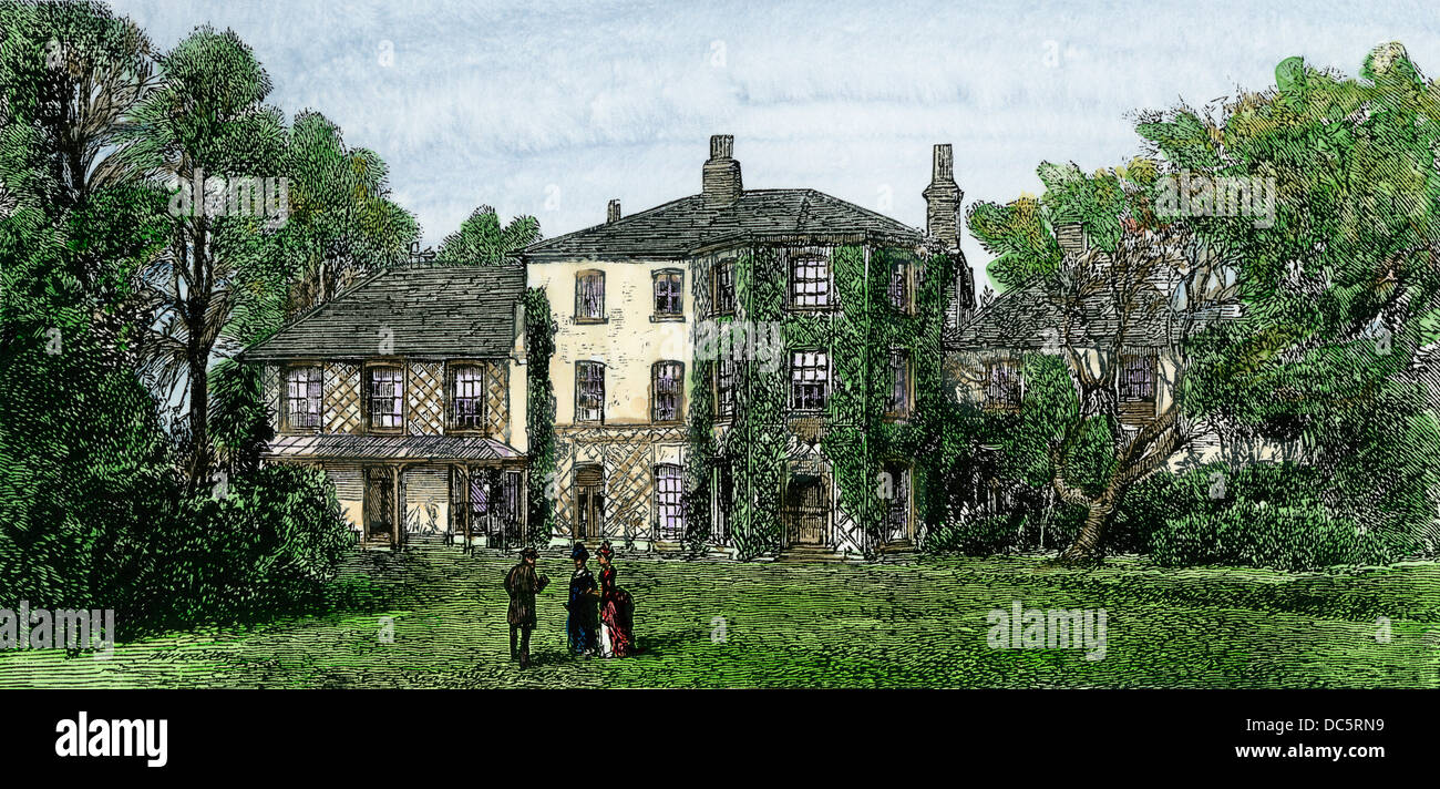 Down House, Darwin's home près de Londres. À la main, gravure sur bois Banque D'Images