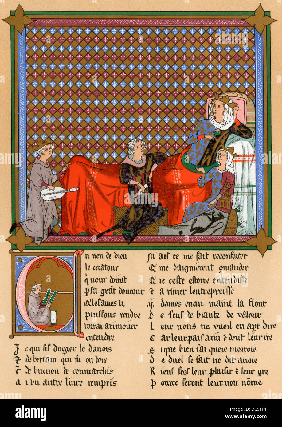 Adenez, roi des ménestrels, récitant un morceau avant de Blanche, Reine de France. Reproduction couleur Banque D'Images