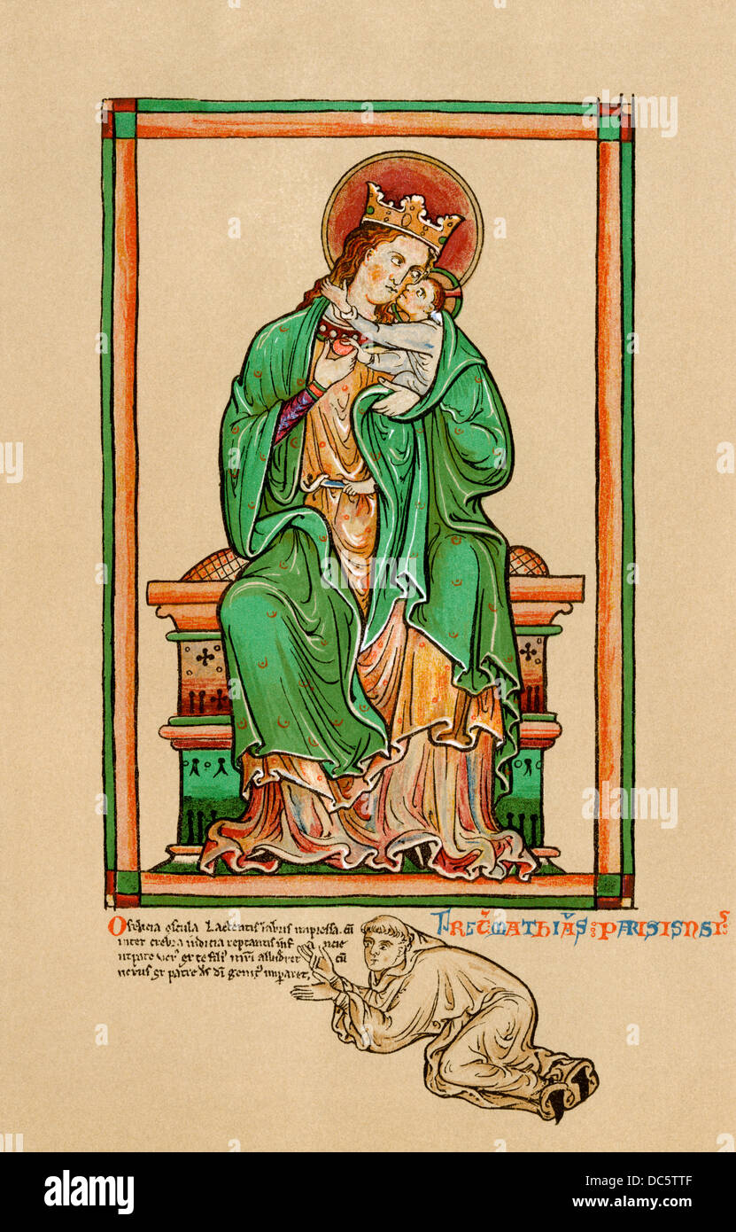 Moine Matthieu Paris aux pieds de la Vierge à l'enfant, de son propre dessin, Angleterre, 1200. Reproduction couleur Banque D'Images