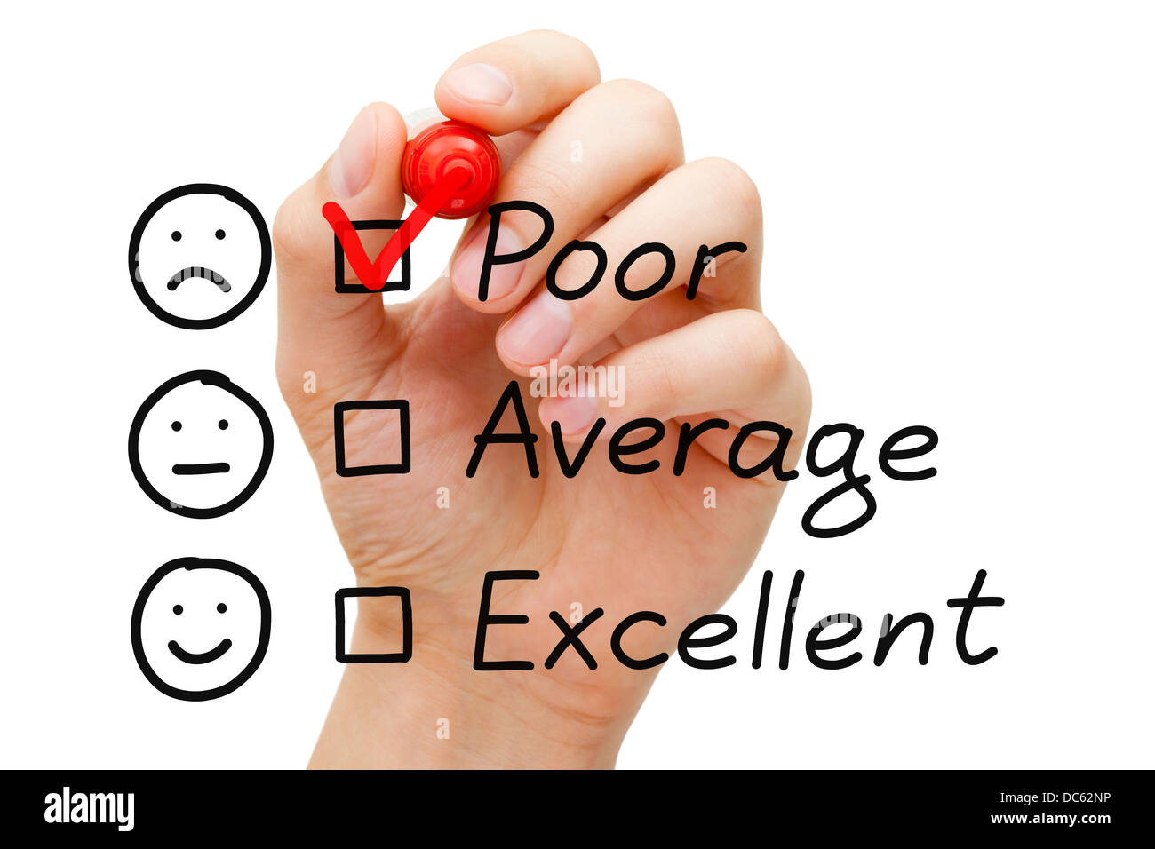 Mettre la main de coche avec marqueur rouge sur le piètre service à la clientèle formulaire d'évaluation. Banque D'Images