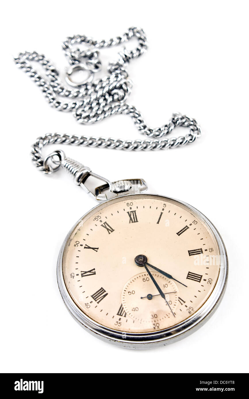Ancienne montre de poche avec chaine isolated on white Banque D'Images