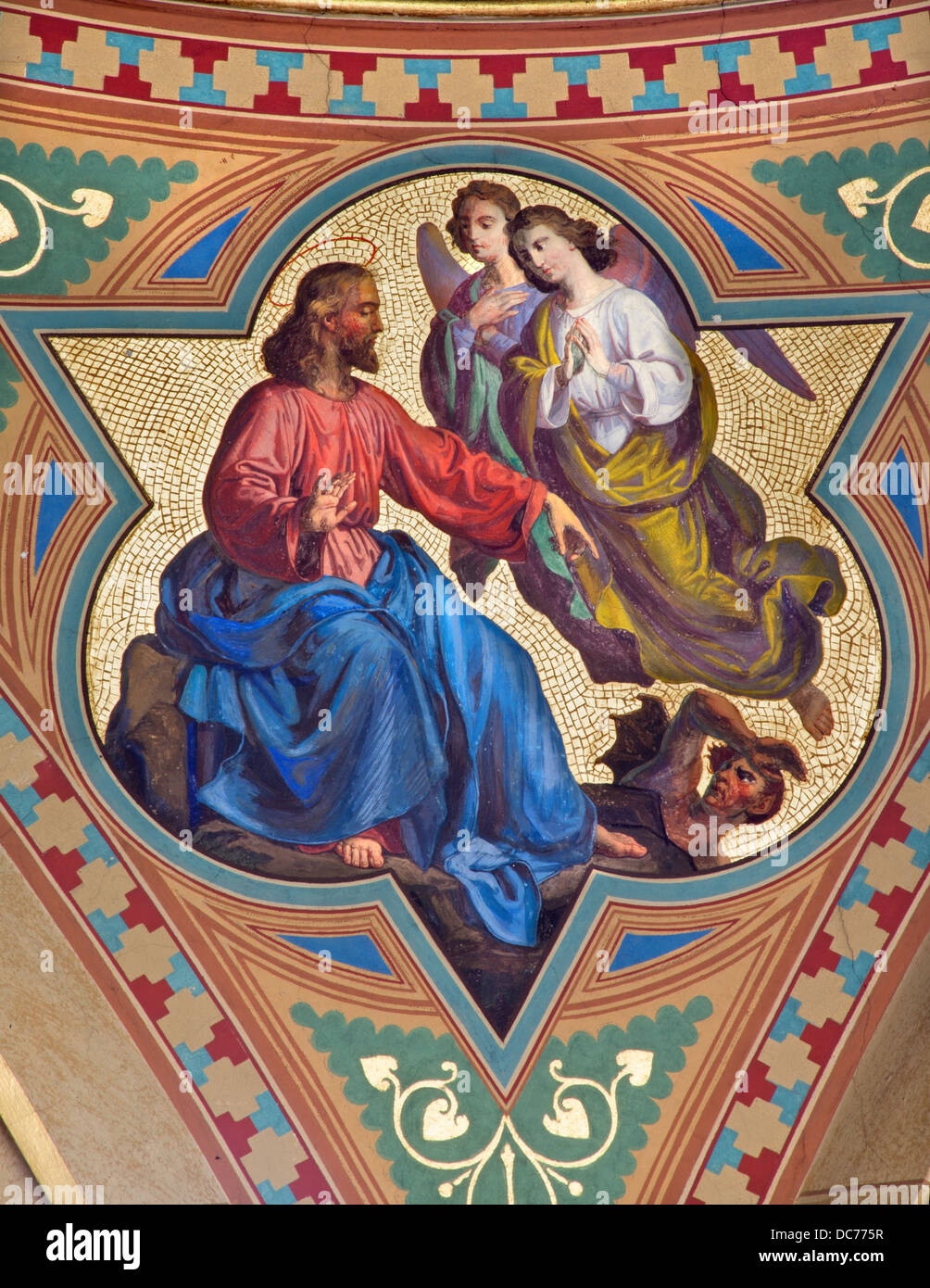 Vienne - 27 juillet : fresque de Tentation de Jésus en scène de l'église nef côté Altlerchenfelder Banque D'Images