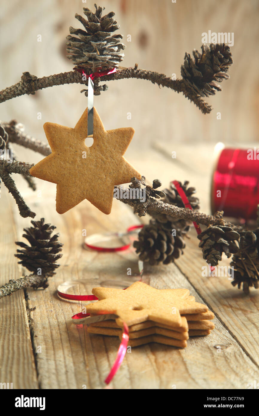 Gingerbread cookie hanging on branche avec des pommes de pin . Selective focus Banque D'Images