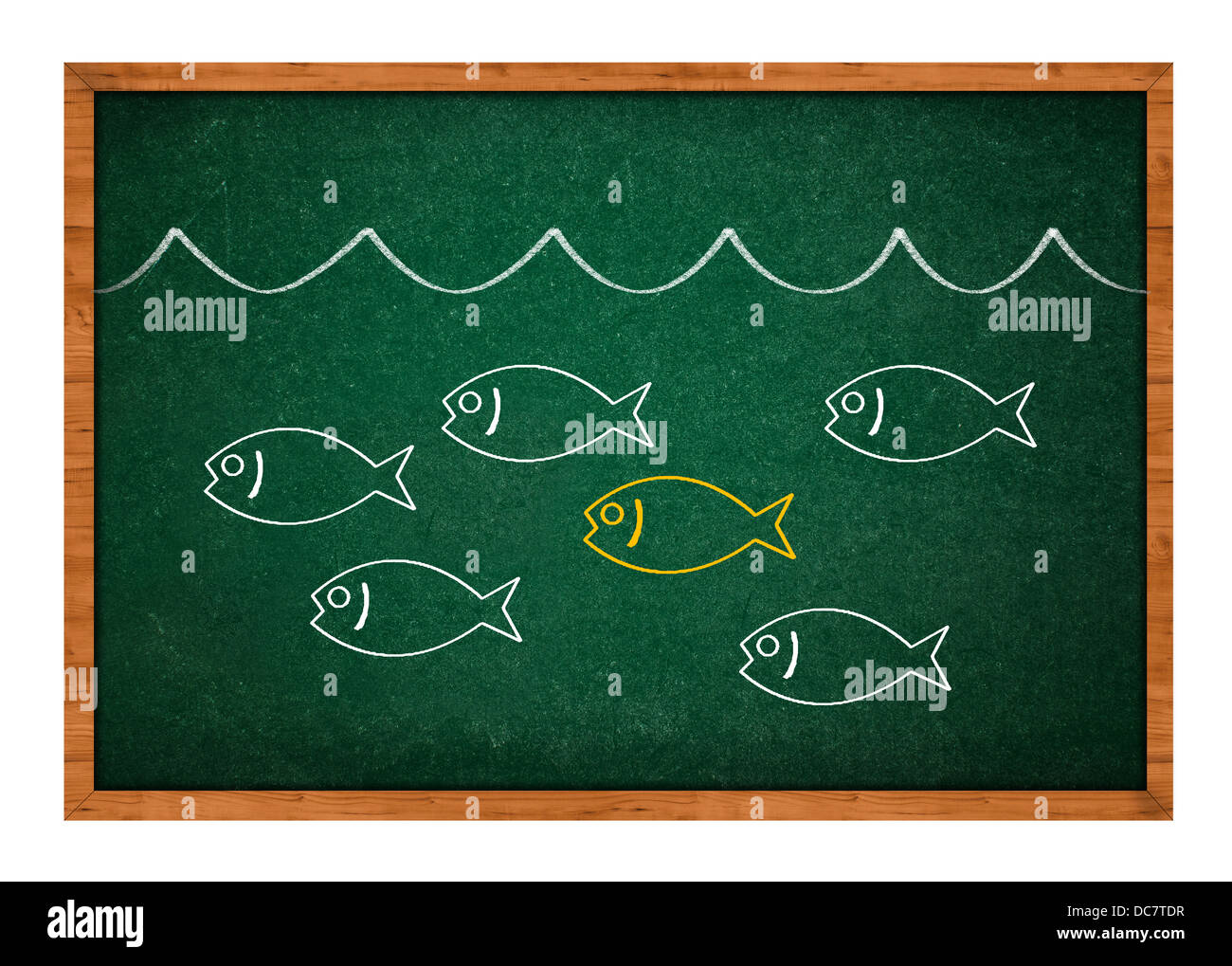 Se démarquer de la foule, simple dessin d'un poisson sur un tableau vert arrière-plan. Banque D'Images