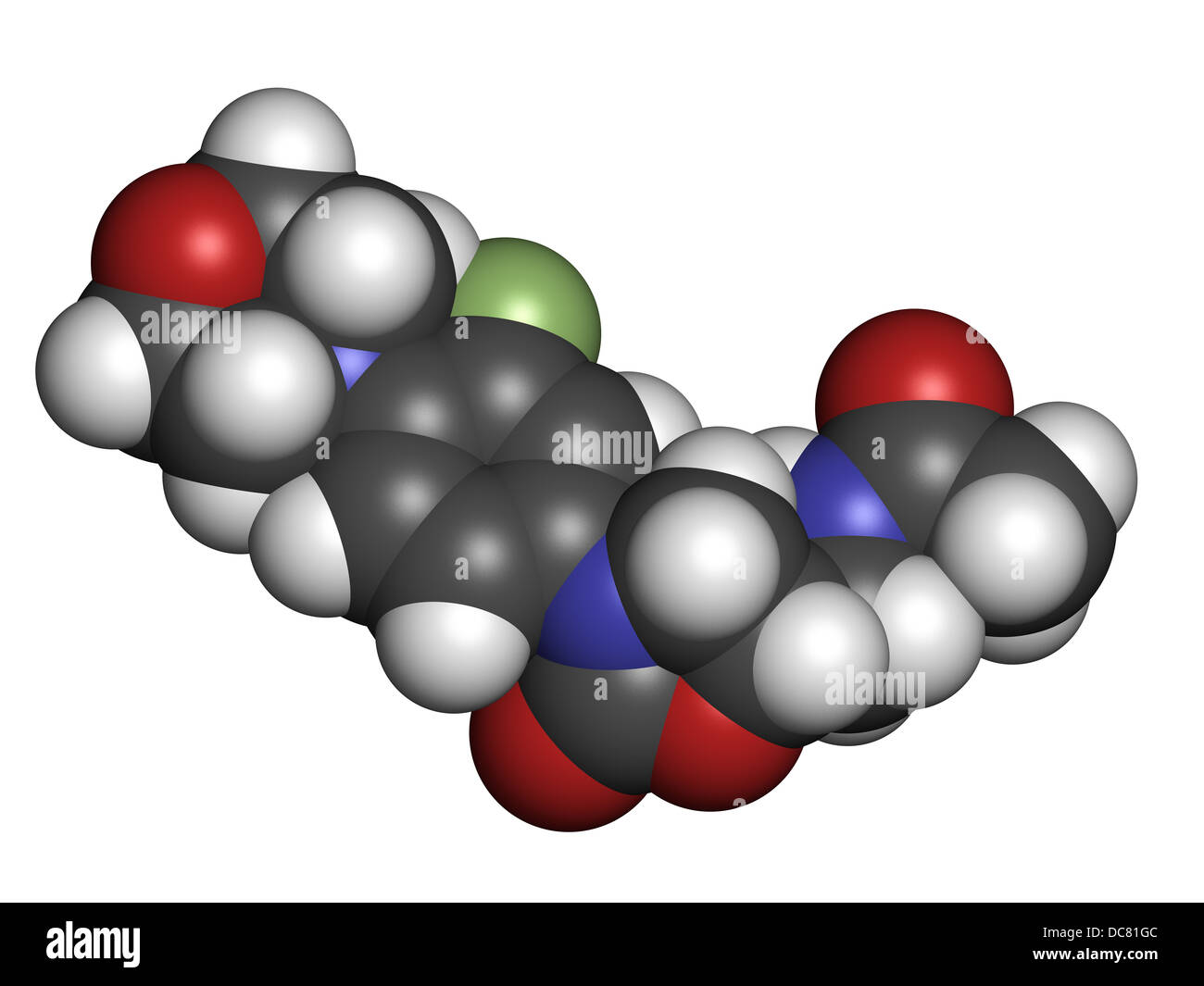 Médicament antibiotique oxazolidinone linézolide (classe), la structure chimique. Les atomes sont représentés comme des sphères de couleur classiques. Banque D'Images