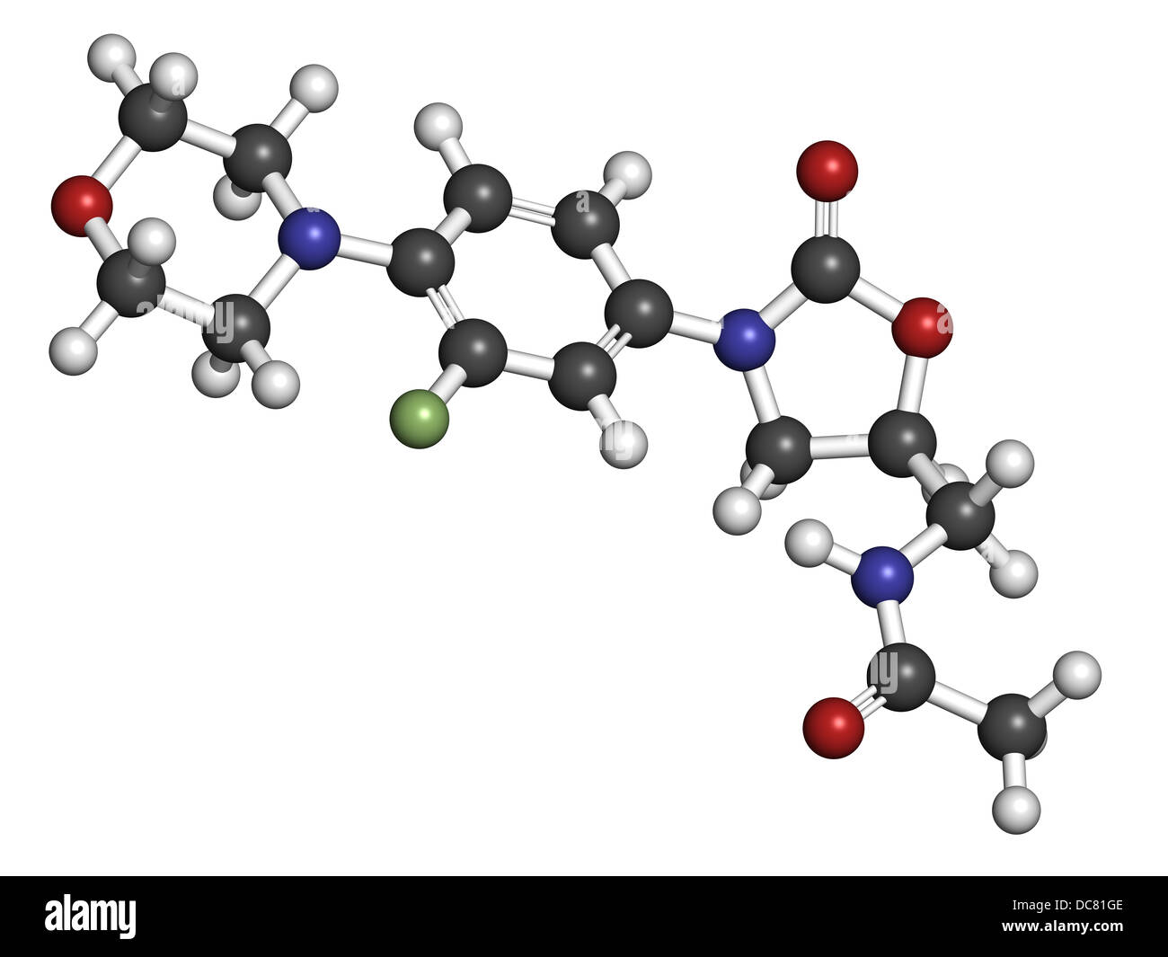 Médicament antibiotique oxazolidinone linézolide (classe), la structure chimique. Les atomes sont représentés comme des sphères de couleur classiques. Banque D'Images
