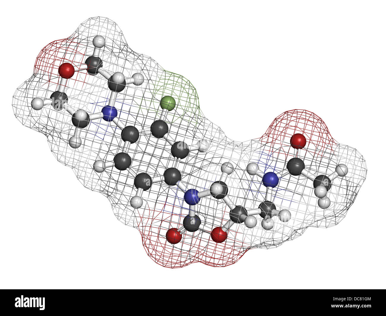 Médicament antibiotique oxazolidinone linézolide (classe), la structure chimique. Les atomes sont représentés comme des sphères de couleur classiques. Banque D'Images