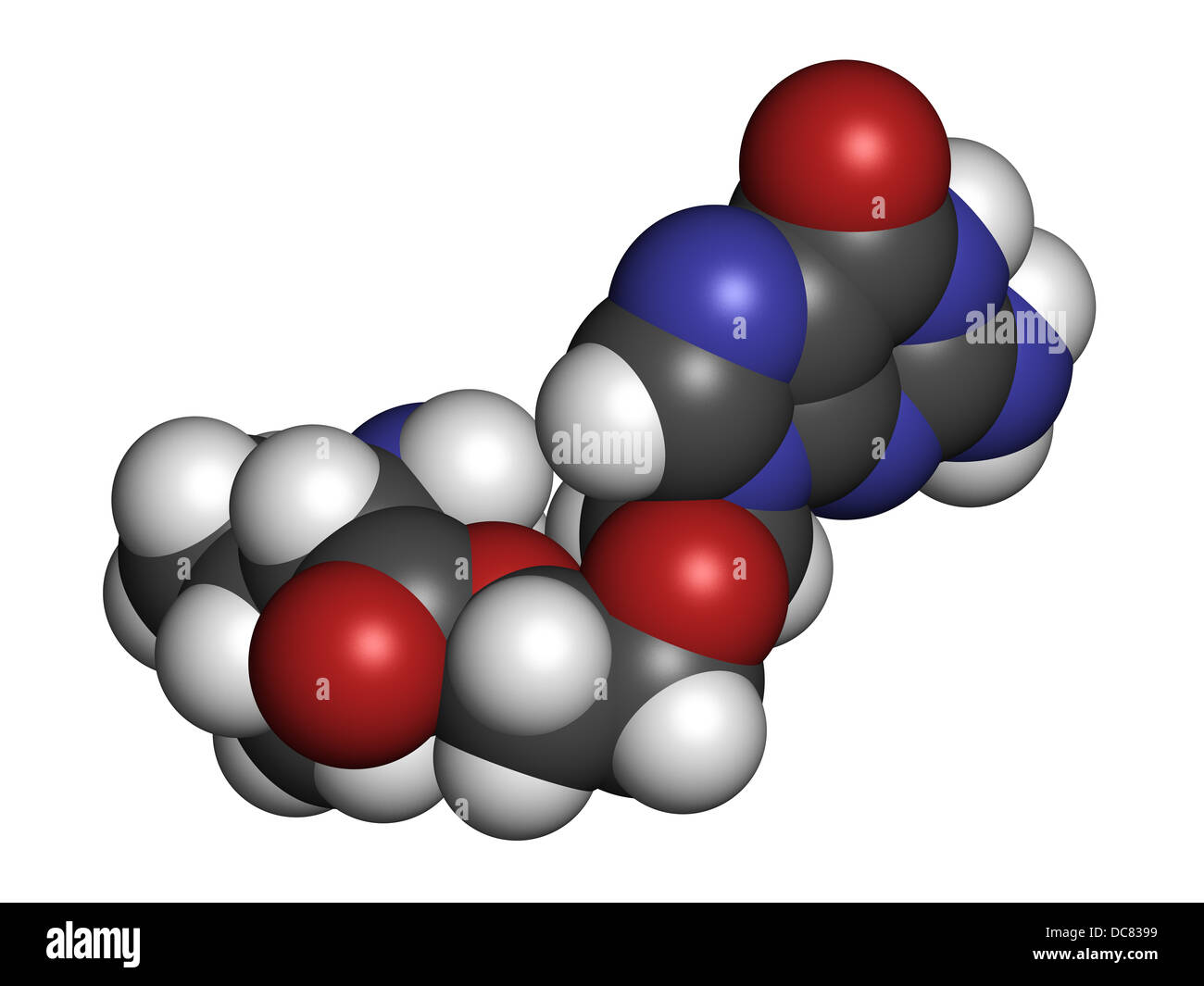 Valaciclovir (valacyclovir) l'infection d'herpès drogue, la structure chimique. Les atomes sont représentés comme des sphères de couleur classiques Banque D'Images