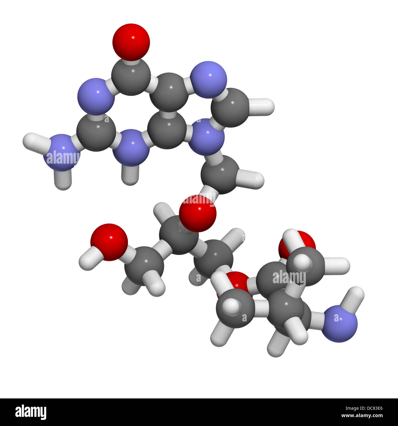 Le Valganciclovir, cytomégalovirus (CMV), médicament CMVH structure chimique. Les atomes sont représentés comme des sphères. Banque D'Images