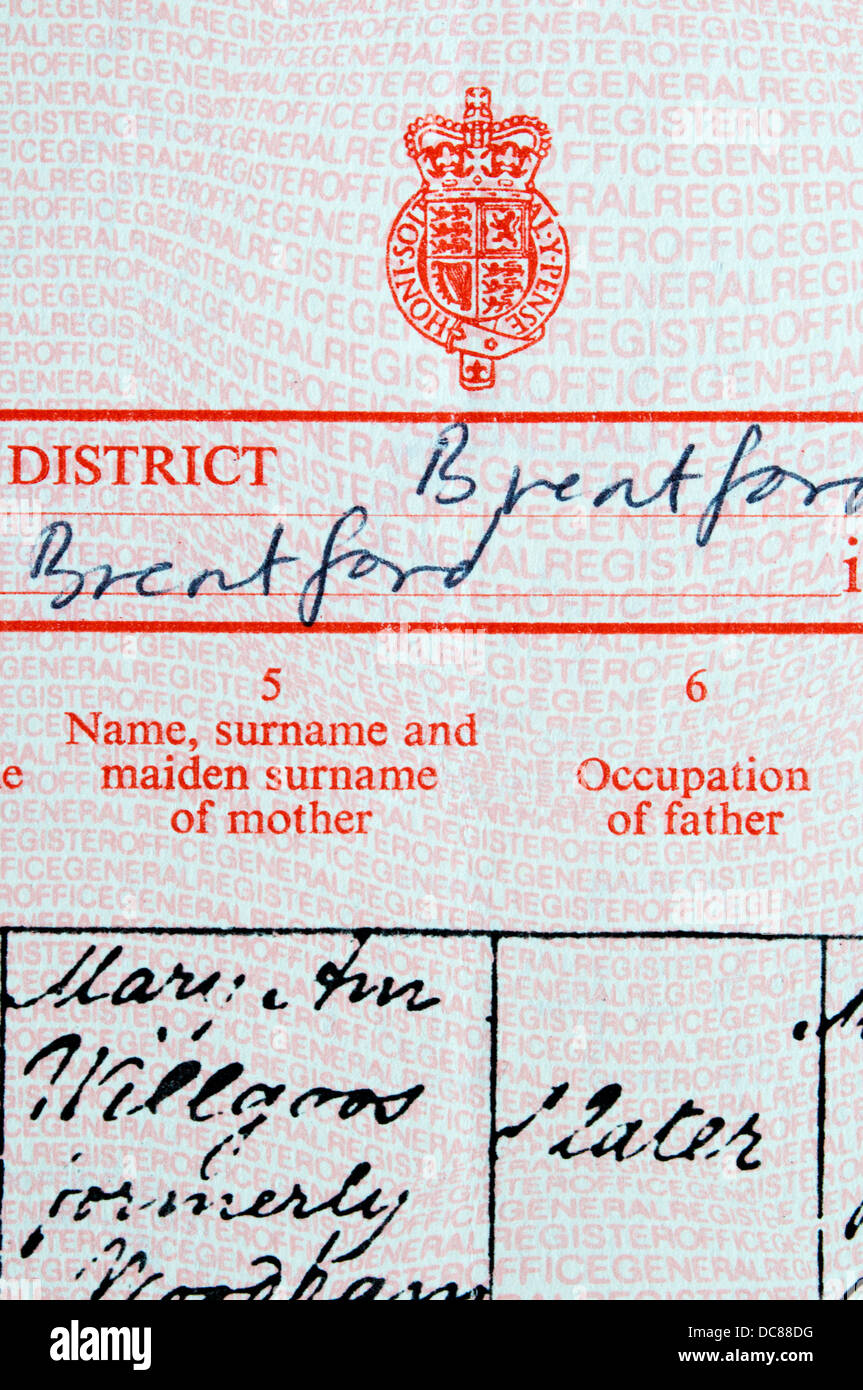 Détail d'un certificat de naissance britannique. Banque D'Images