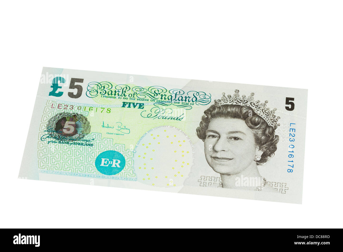 Cinq anglais pound note sur un fond blanc Banque D'Images