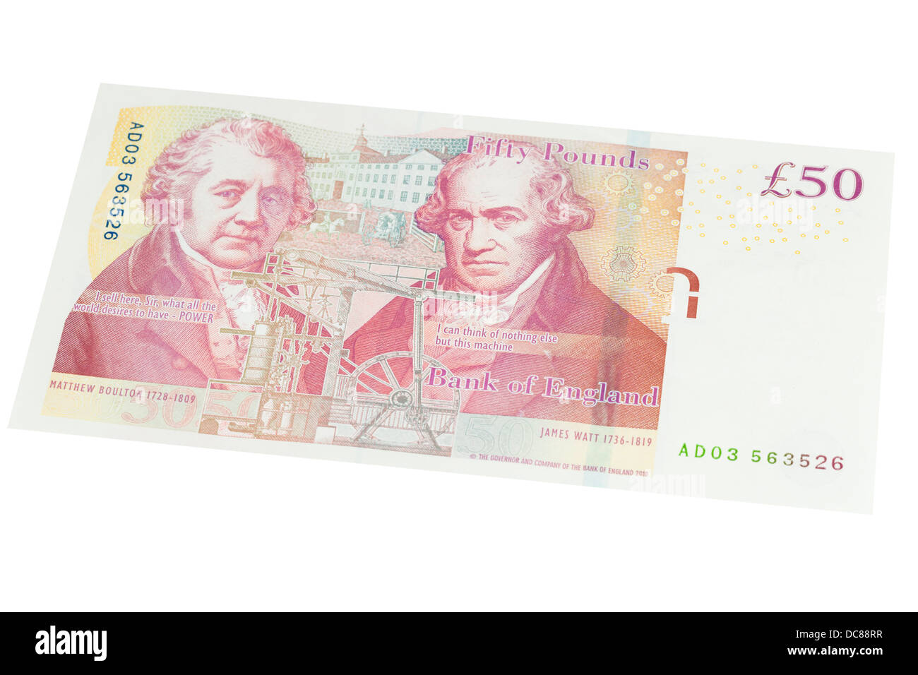 Cinquante anglais pound note sur un fond blanc Banque D'Images