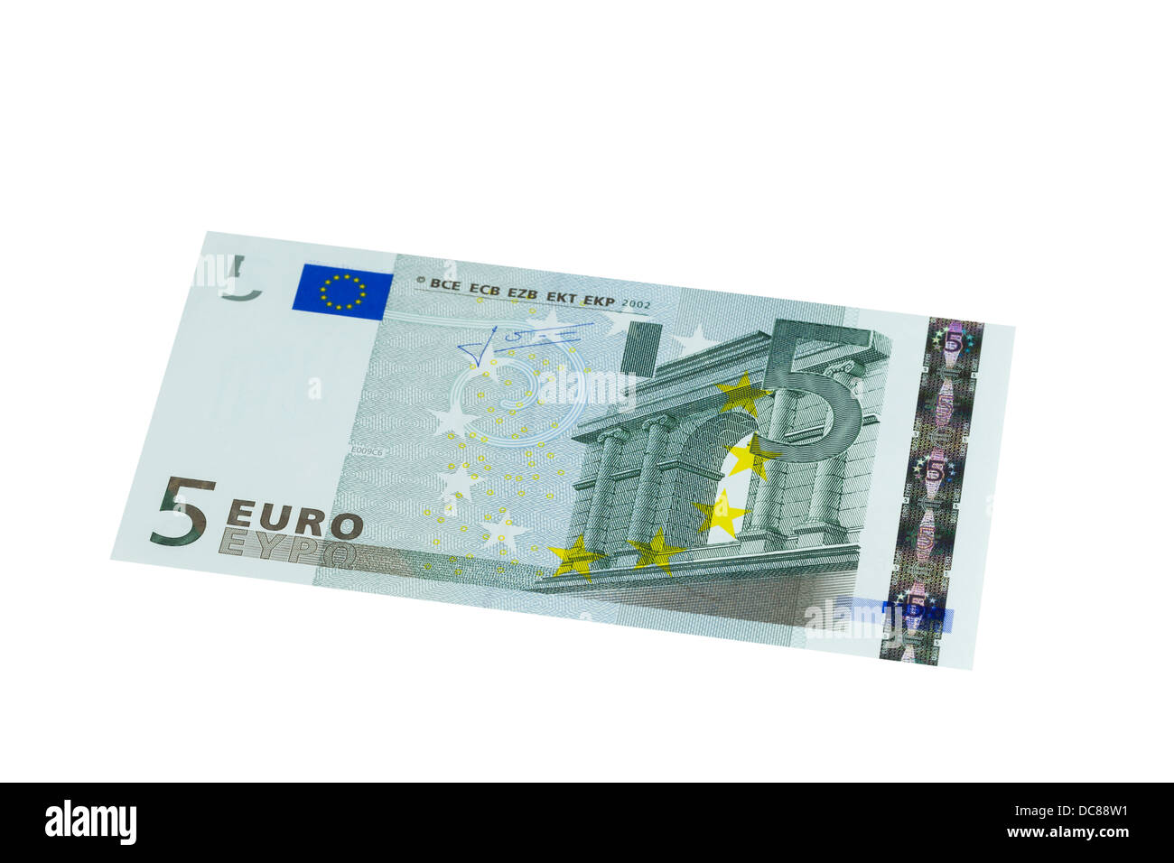 Cinq euros sur un fond blanc Banque D'Images
