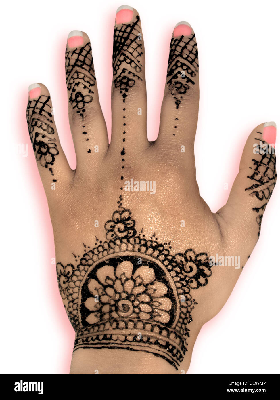 Mehendi henné ongle rose fond blanc design Banque D'Images