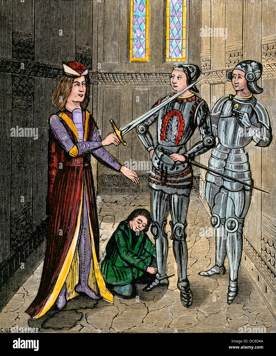 L'armement d'un chevalier, d'une cérémonie qui s'est dit d'avoir été institué par le roi Arthur. À la main, gravure sur bois Banque D'Images