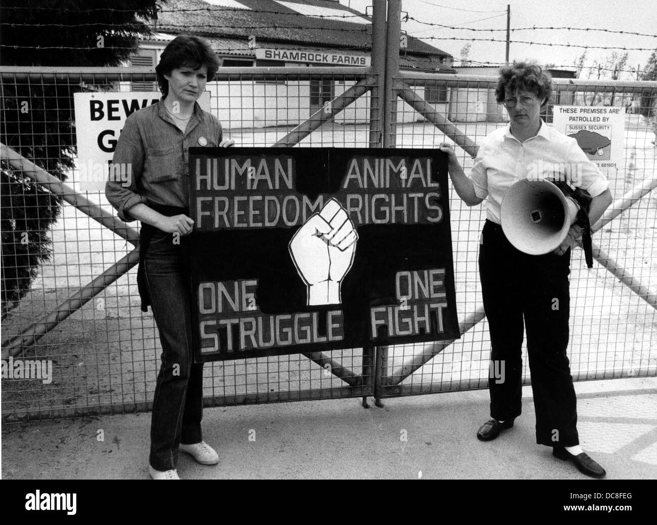 Les militants des droits des animaux pour protester contre Shamrock Farm en petites Dole près de Henfield en 1983 Banque D'Images