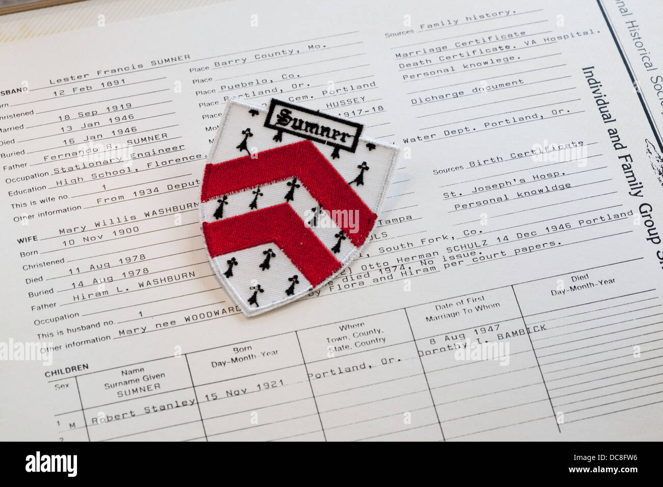 Armoiries de la famille Sumner sur Family Tree Documents lignée USA Banque D'Images