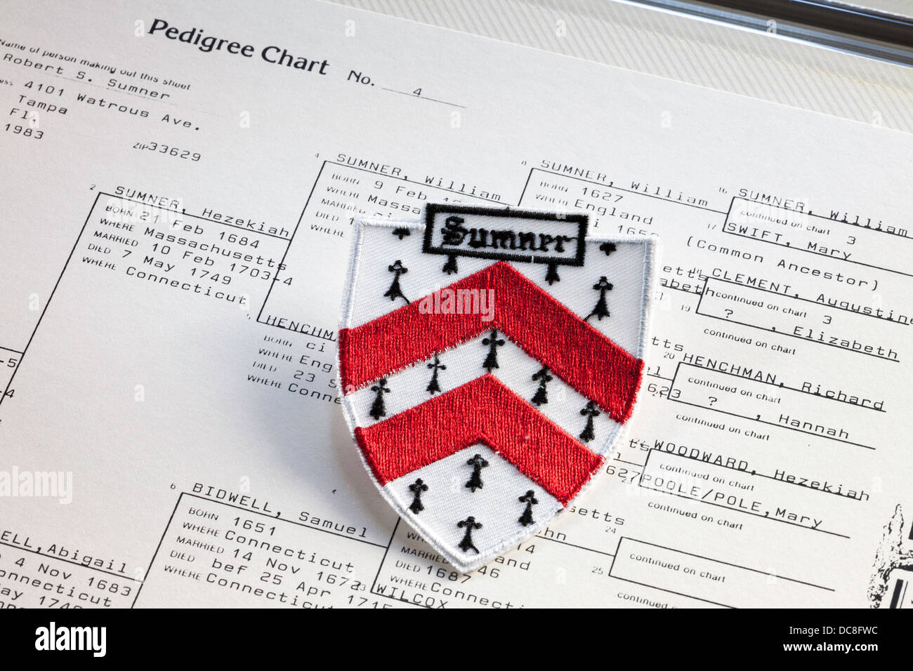 Armoiries de la famille Sumner sur Family Tree Documents lignée USA Banque D'Images